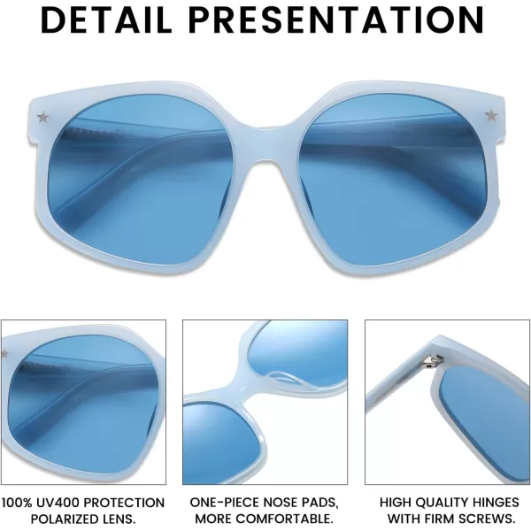 DUCO Retro Oversized Hexagonal Polarized Sunglasses for Women Men Trendy Shades UV400 Protection Designer Sun Glasses DC1108Shine Blue Frame Blue Lens