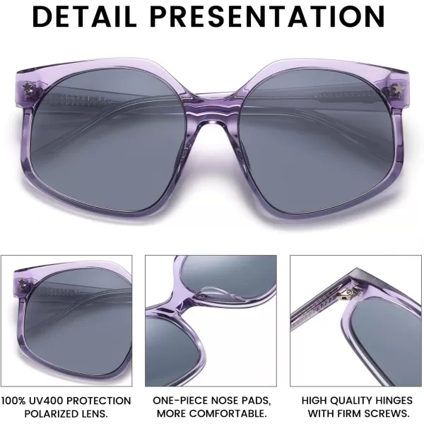 DUCO Retro Oversized Hexagonal Polarized Sunglasses for Women Men Trendy Shades UV400 Protection Designer Sun Glasses DC1108Transparent Purple Frame Grey Lens