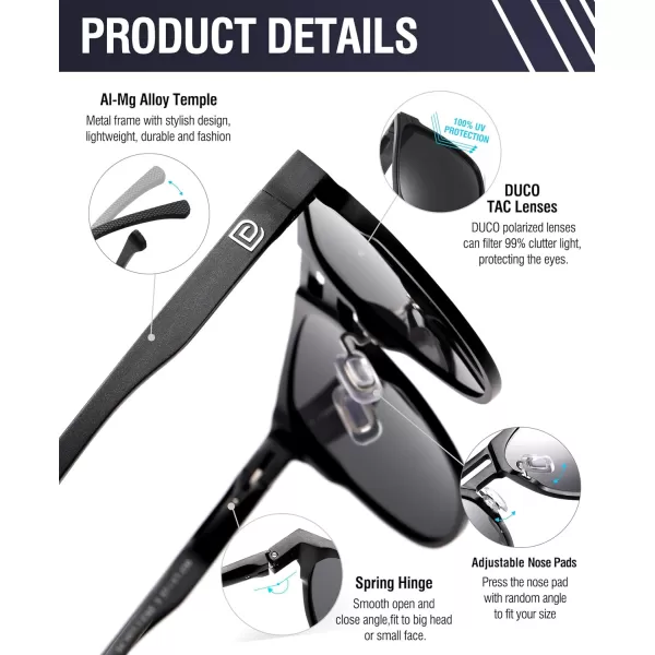 DUCO Retro Polarized Sunglasses for Men UV400 Protection Mens Sun Glasses Vintage Shades with Lightweight ALMG Frame DC3052Black Frame Grey Lens