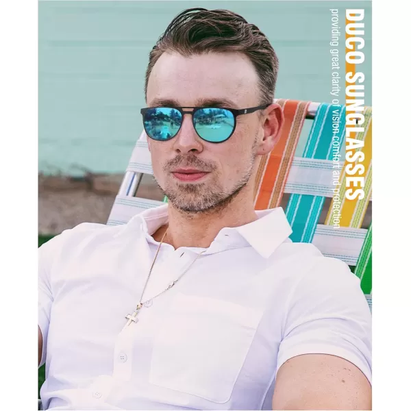 DUCO Retro Polarized Sunglasses for Men UV400 Protection Mens Sun Glasses Vintage Shades with Lightweight ALMG Frame DC3052Black Frame Mirrored Blue Lens