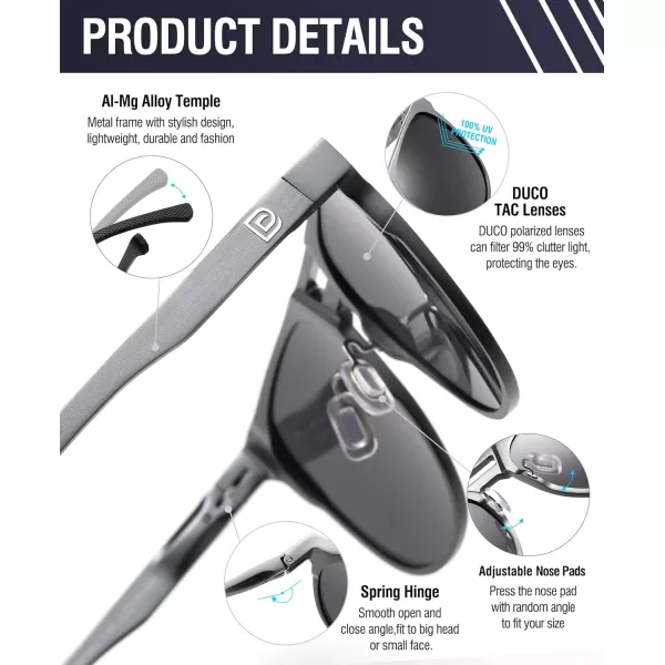 DUCO Retro Polarized Sunglasses for Men UV400 Protection Mens Sun Glasses Vintage Shades with Lightweight ALMG Frame DC3052Dark Silver Frame Grey Lens