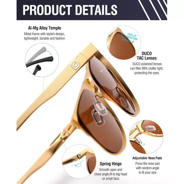 DUCO Retro Polarized Sunglasses for Men UV400 Protection Mens Sun Glasses Vintage Shades with Lightweight ALMG Frame DC3052Golden Frame Brown Lens