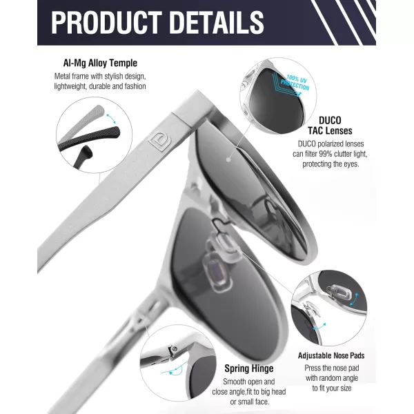 DUCO Retro Polarized Sunglasses for Men UV400 Protection Mens Sun Glasses Vintage Shades with Lightweight ALMG Frame DC3052Silver Frame Grey Lens
