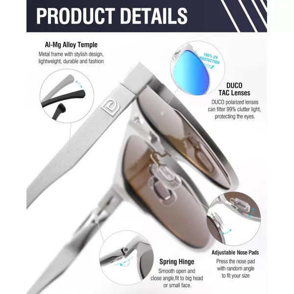 DUCO Retro Polarized Sunglasses for Men UV400 Protection Mens Sun Glasses Vintage Shades with Lightweight ALMG Frame DC3052Silver Frame Mirrored Blue Lens