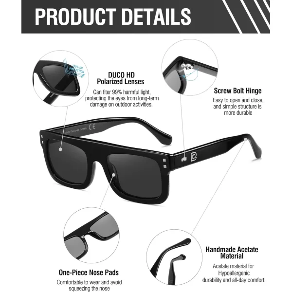 DUCO Retro Rectangle Polarized Sunglasses for Men Women Vintage Flat Top Acetate Sun Glasses UV400 Protection DC2360Black Frame Grey Lens