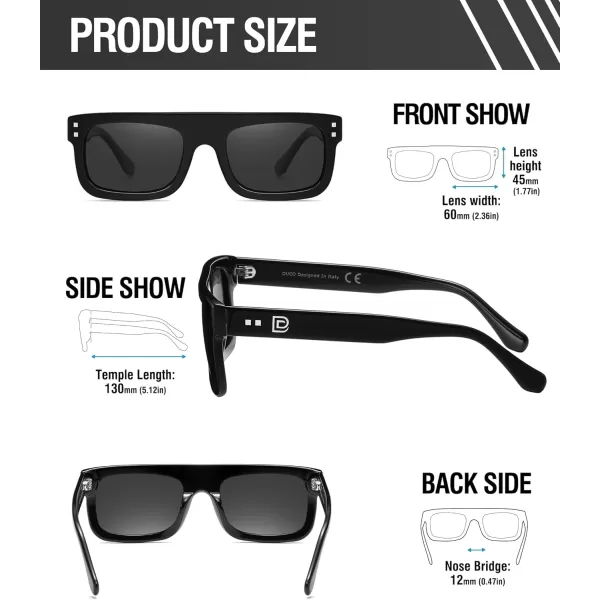 DUCO Retro Rectangle Polarized Sunglasses for Men Women Vintage Flat Top Acetate Sun Glasses UV400 Protection DC2360Black Frame Grey Lens