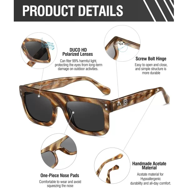 DUCO Retro Rectangle Polarized Sunglasses for Men Women Vintage Flat Top Acetate Sun Glasses UV400 Protection DC2360Brown Stripe Frame Grey Lens