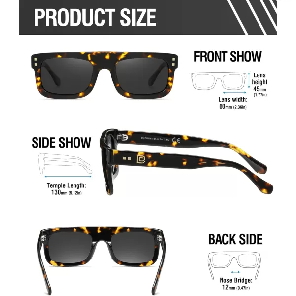 DUCO Retro Rectangle Polarized Sunglasses for Men Women Vintage Flat Top Acetate Sun Glasses UV400 Protection DC2360Tortoise Frame Grey Lens