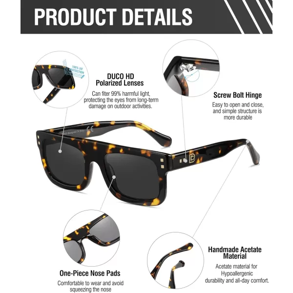 DUCO Retro Rectangle Polarized Sunglasses for Men Women Vintage Flat Top Acetate Sun Glasses UV400 Protection DC2360Tortoise Frame Grey Lens