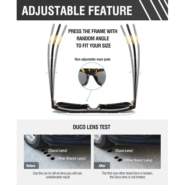 DUCO Retro Rectangle Polarized Sunglasses for Men Women Vintage Flat Top Acetate Sun Glasses UV400 Protection DC2360Tortoise Frame Grey Lens