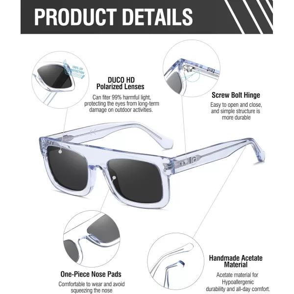 DUCO Retro Rectangle Polarized Sunglasses for Men Women Vintage Flat Top Acetate Sun Glasses UV400 Protection DC2360Transparent Blue Frame Grey Lens