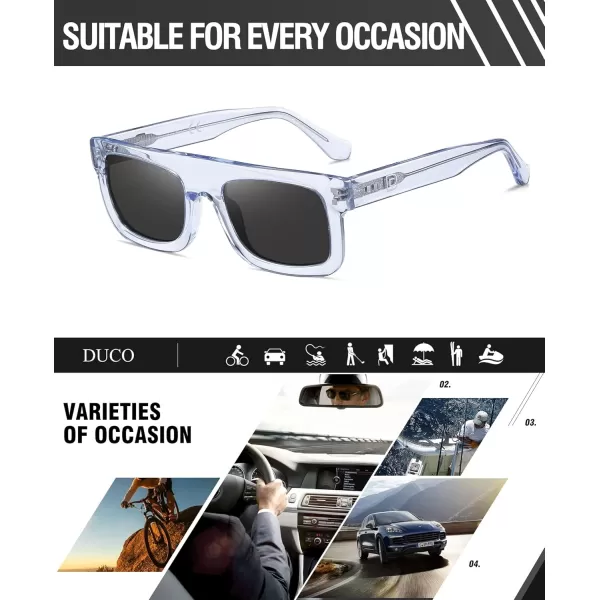 DUCO Retro Rectangle Polarized Sunglasses for Men Women Vintage Flat Top Acetate Sun Glasses UV400 Protection DC2360Transparent Blue Frame Grey Lens