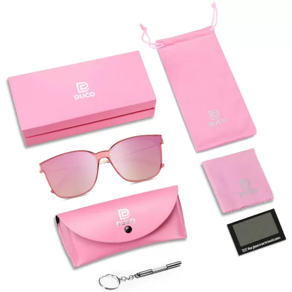 DUCO Retro Round Sunglasses for Women Vintage Polarized Woman Shades Lightweight PC Frame UV400 Protection Sun Glasses W01601 Transparent Pink Frame Pink Lens
