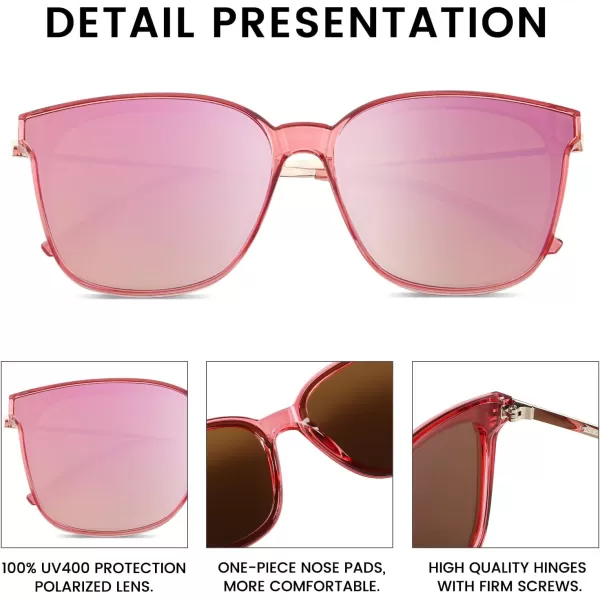 DUCO Retro Round Sunglasses for Women Vintage Polarized Woman Shades Lightweight PC Frame UV400 Protection Sun Glasses W01601 Transparent Pink Frame Pink Lens