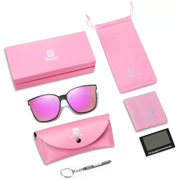 DUCO Retro Round Sunglasses for Women Vintage Polarized Woman Shades Lightweight PC Frame UV400 Protection Sun Glasses W01602 Black Frame Revo Pink Lens