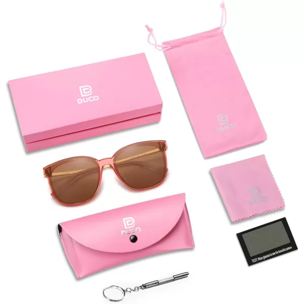 DUCO Retro Round Sunglasses for Women Vintage Polarized Woman Shades Lightweight PC Frame UV400 Protection Sun Glasses W01617 Transparent Pink Frame Brown Lens
