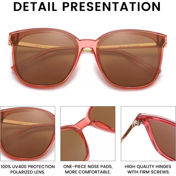 DUCO Retro Round Sunglasses for Women Vintage Polarized Woman Shades Lightweight PC Frame UV400 Protection Sun Glasses W01617 Transparent Pink Frame Brown Lens