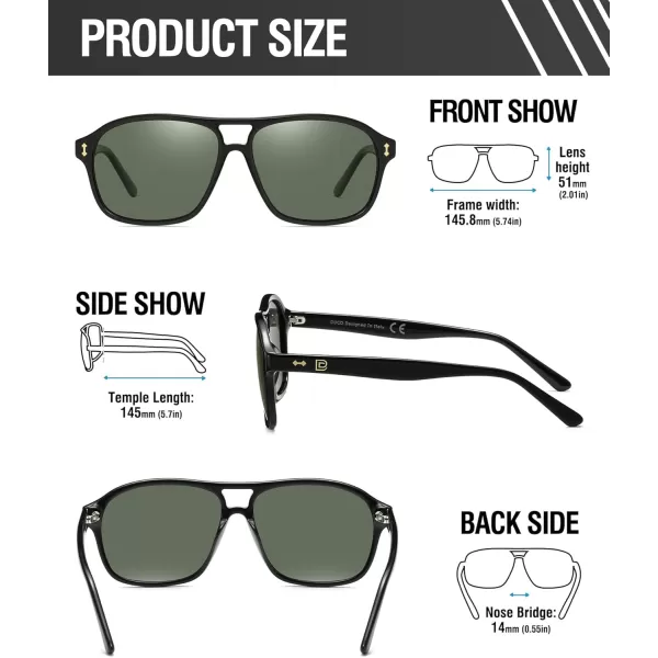 DUCO Retro Square Aviator Sunglasses For Men Women Polarized Vintage Double Bridge Sun Glasses UV Protection 3024Black Frame Dark Green Lens