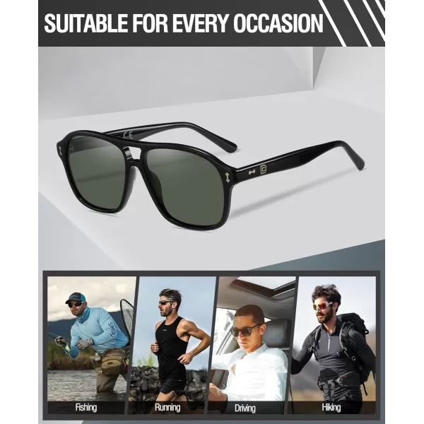 DUCO Retro Square Aviator Sunglasses For Men Women Polarized Vintage Double Bridge Sun Glasses UV Protection 3024Black Frame Dark Green Lens