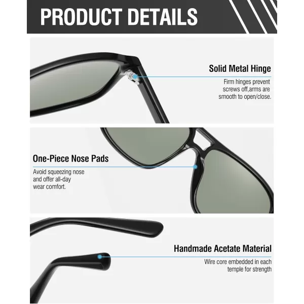 DUCO Retro Square Aviator Sunglasses For Men Women Polarized Vintage Double Bridge Sun Glasses UV Protection 3024Black Frame Dark Green Lens