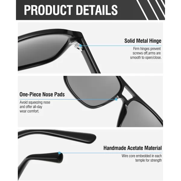 DUCO Retro Square Aviator Sunglasses For Men Women Polarized Vintage Double Bridge Sun Glasses UV Protection 3024Black Frame Grey Lens