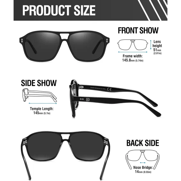 DUCO Retro Square Aviator Sunglasses For Men Women Polarized Vintage Double Bridge Sun Glasses UV Protection 3024Black Frame Grey Lens