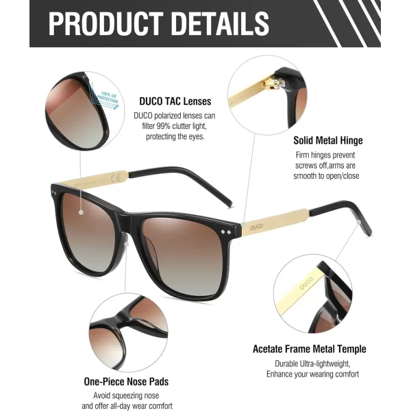 DUCO Retro Square Polarized Sunglasses for Men Women Sun Glasses Acetate Frame 100 UV Protection 2143Black Frame Gradient Teal Lens