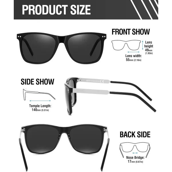 DUCO Retro Square Polarized Sunglasses for Men Women Sun Glasses Acetate Frame 100 UV Protection 2143Black Frame Grey Lens
