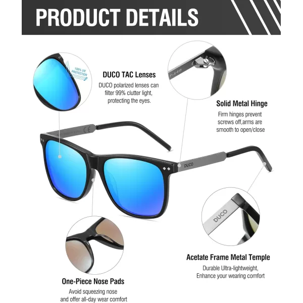 DUCO Retro Square Polarized Sunglasses for Men Women Sun Glasses Acetate Frame 100 UV Protection 2143Black Frame Revo Blue Lens
