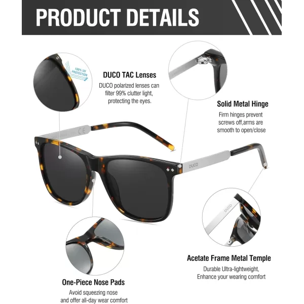 DUCO Retro Square Polarized Sunglasses for Men Women Sun Glasses Acetate Frame 100 UV Protection 2143Tortoise Frame Grey Lens