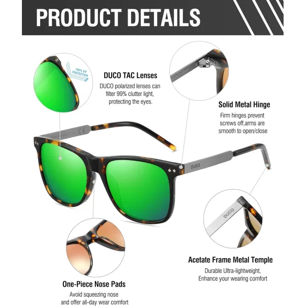 DUCO Retro Square Polarized Sunglasses for Men Women Sun Glasses Acetate Frame 100 UV Protection 2143Tortoise Frame Revo Green Lens