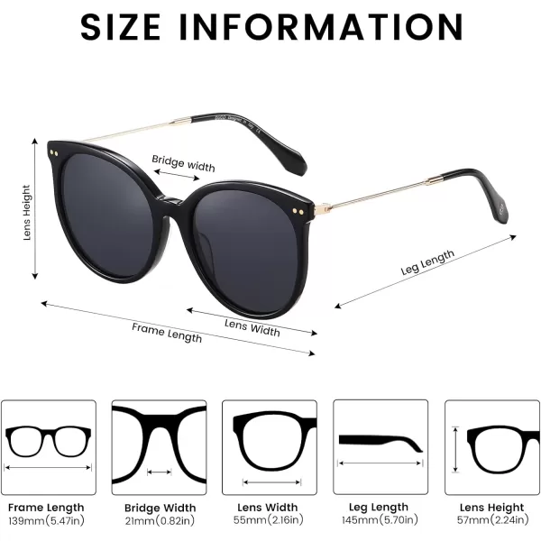 DUCO Retro Sunglasses Women Polarized Round Sun Glasses Vintage UV400 Protection Acetate Frame DC2340Black Frame Grey Lens