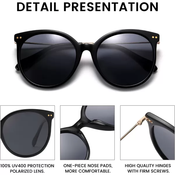 DUCO Retro Sunglasses Women Polarized Round Sun Glasses Vintage UV400 Protection Acetate Frame DC2340Black Frame Grey Lens
