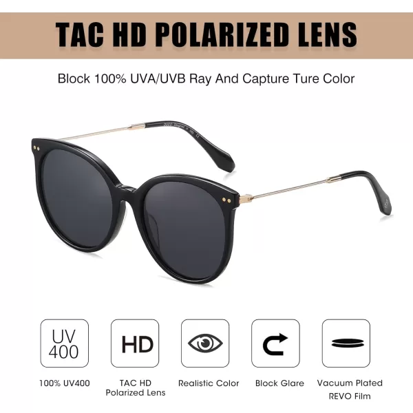 DUCO Retro Sunglasses Women Polarized Round Sun Glasses Vintage UV400 Protection Acetate Frame DC2340Black Frame Grey Lens
