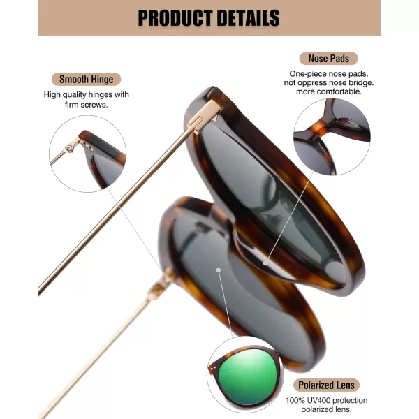 DUCO Retro Sunglasses Women Polarized Round Sun Glasses Vintage UV400 Protection Acetate Frame DC2340Tortoise Frame Revo Green Lens