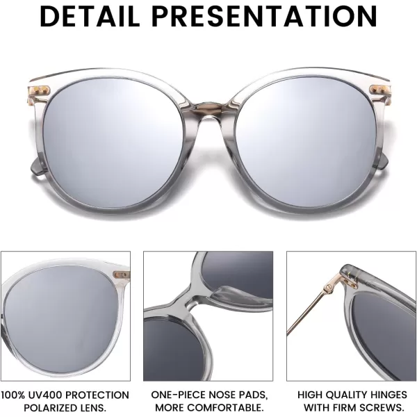 DUCO Retro Sunglasses Women Polarized Round Sun Glasses Vintage UV400 Protection Acetate Frame DC2340Transparent Grey Frame Silver Lens