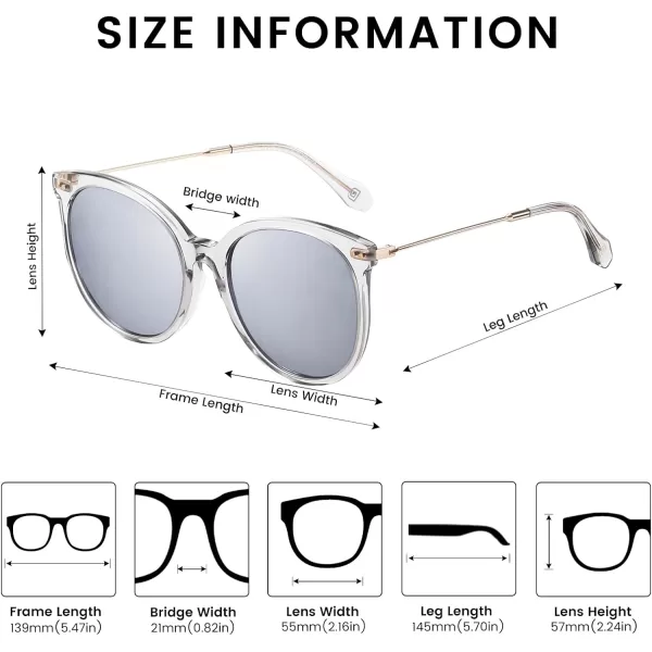 DUCO Retro Sunglasses Women Polarized Round Sun Glasses Vintage UV400 Protection Acetate Frame DC2340Transparent Grey Frame Silver Lens