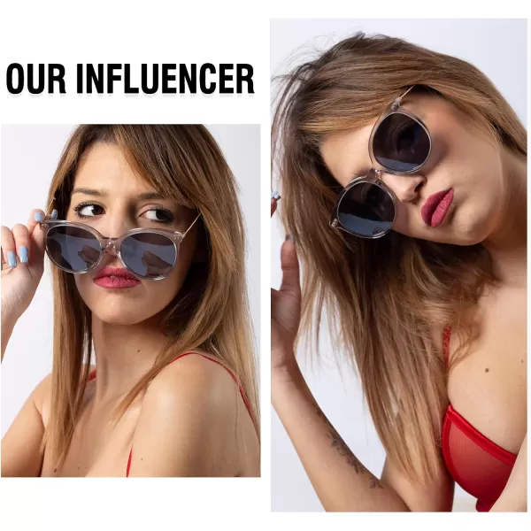 DUCO Retro Sunglasses Women Polarized Round Sun Glasses Vintage UV400 Protection Acetate Frame DC2340Transparent Grey Frame Silver Lens
