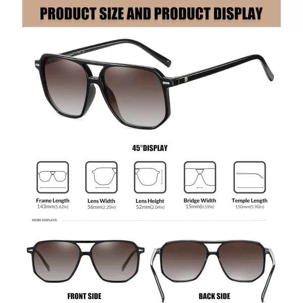 DUCO Retro Vintage Square Polarized Aviator Sunglasses Womens Mens Double Bridge Sun Glasses DC3001Black Frame Gradient Brown Lens