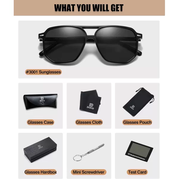 DUCO Retro Vintage Square Polarized Aviator Sunglasses Womens Mens Double Bridge Sun Glasses DC3001Black Frame Grey Lens