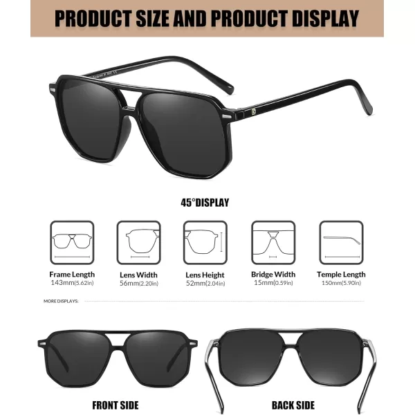 DUCO Retro Vintage Square Polarized Aviator Sunglasses Womens Mens Double Bridge Sun Glasses DC3001Black Frame Grey Lens