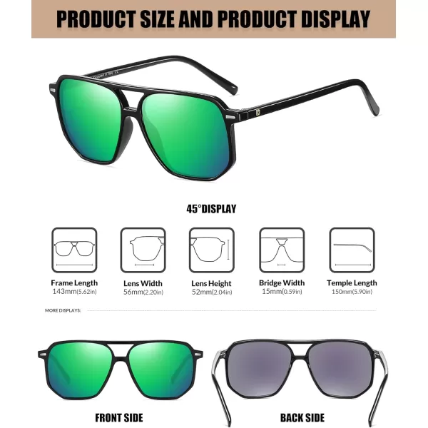 DUCO Retro Vintage Square Polarized Aviator Sunglasses Womens Mens Double Bridge Sun Glasses DC3001Black Frame Revo Green Lens