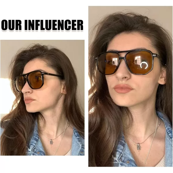 DUCO Retro Vintage Square Polarized Aviator Sunglasses Womens Mens Double Bridge Sun Glasses DC3001Black Frame Yellow Lens