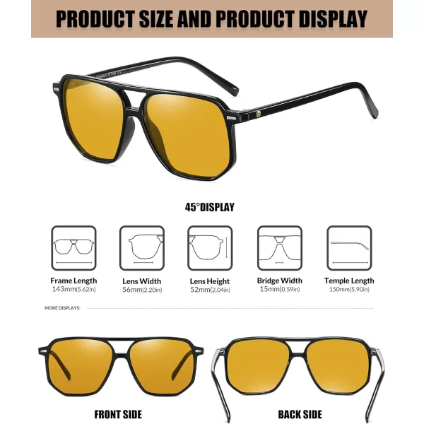 DUCO Retro Vintage Square Polarized Aviator Sunglasses Womens Mens Double Bridge Sun Glasses DC3001Black Frame Yellow Lens