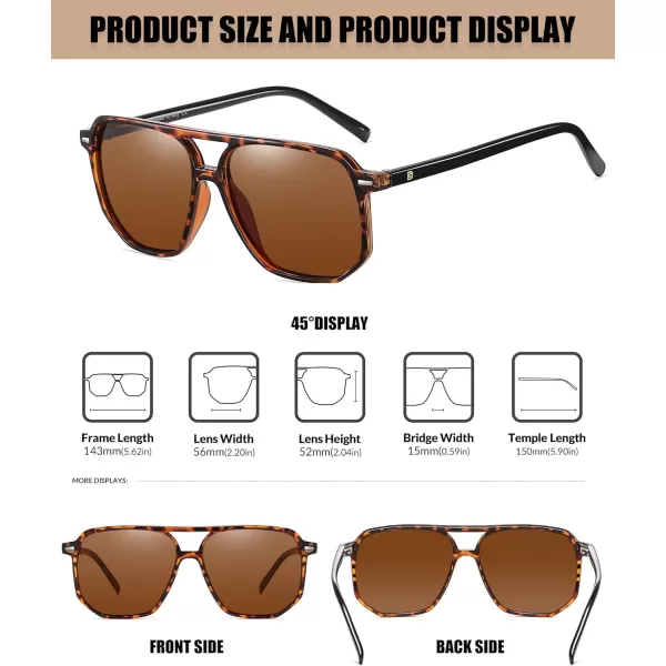 DUCO Retro Vintage Square Polarized Aviator Sunglasses Womens Mens Double Bridge Sun Glasses DC3001Brwon Tortoise Frame Brown Lens