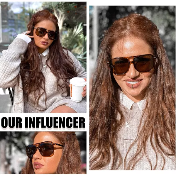 DUCO Retro Vintage Square Polarized Aviator Sunglasses Womens Mens Double Bridge Sun Glasses DC3001Brwon Tortoise Frame Brown Lens