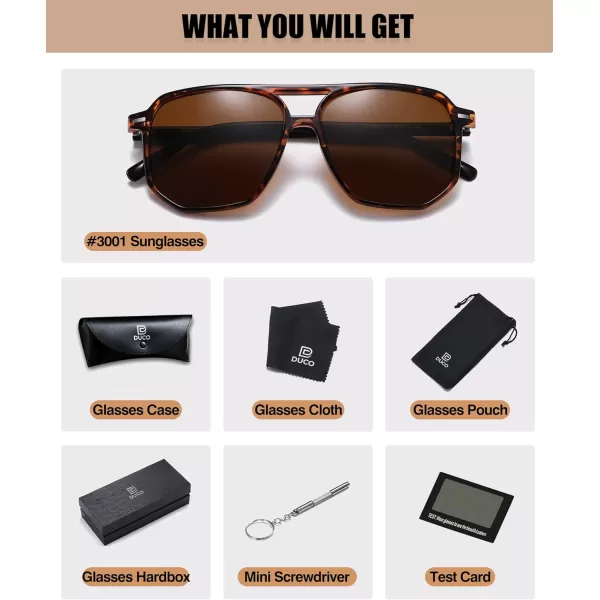DUCO Retro Vintage Square Polarized Aviator Sunglasses Womens Mens Double Bridge Sun Glasses DC3001Brwon Tortoise Frame Brown Lens