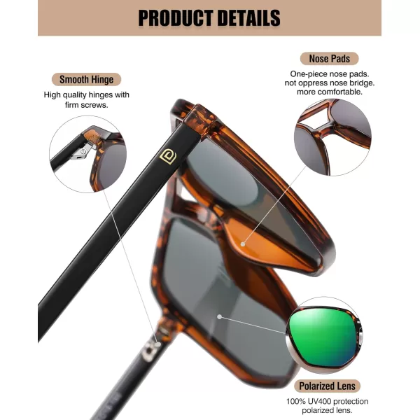 DUCO Retro Vintage Square Polarized Aviator Sunglasses Womens Mens Double Bridge Sun Glasses DC3001Brwon Tortoise Frame Revo Green Lens