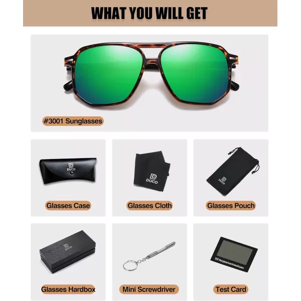 DUCO Retro Vintage Square Polarized Aviator Sunglasses Womens Mens Double Bridge Sun Glasses DC3001Brwon Tortoise Frame Revo Green Lens