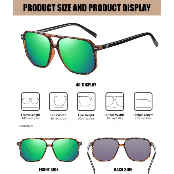 DUCO Retro Vintage Square Polarized Aviator Sunglasses Womens Mens Double Bridge Sun Glasses DC3001Brwon Tortoise Frame Revo Green Lens